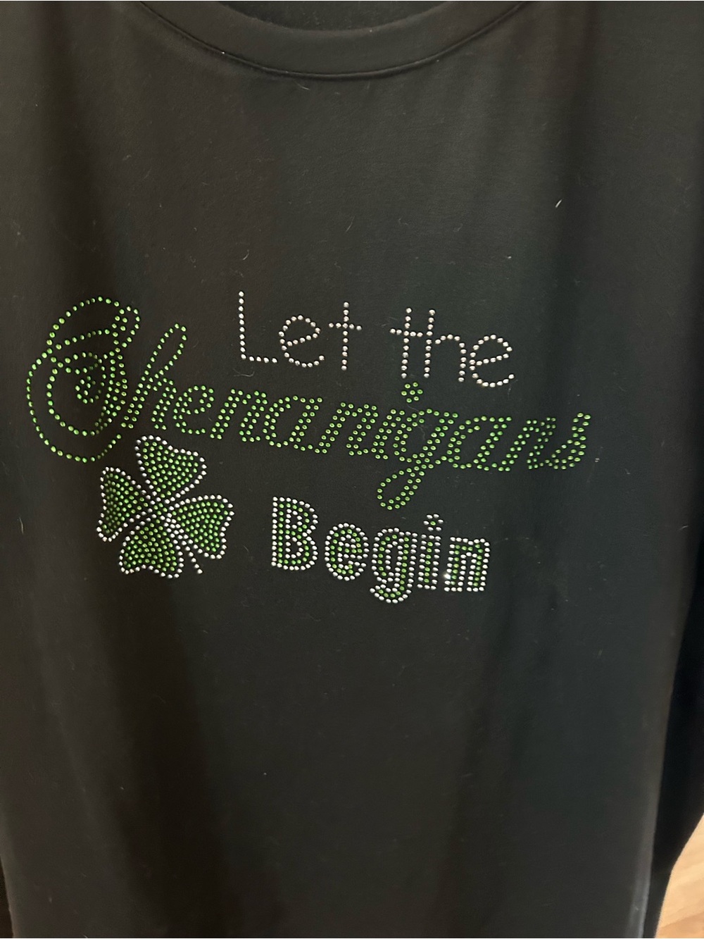 Black Short-Sleeve Tee with Green Rhinestone 'Let the Shenanigans Begin'